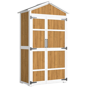 Armoire de Jardin en Bois - Abri de Jardin Extérieur Étanche avec Toit en Métal - Meuble de Rangement Terrasse à Double Porte pour Outils de Jardinage 105x55x179cm, Blanc et Naturel