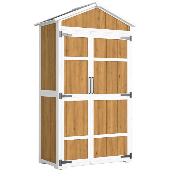 Armoire de Jardin en Bois - Abri de Jardin Extérieur Étanche avec Toit en Métal - Meuble de Rangement Terrasse à Double Porte pour Outils de Jardinage 105x55x179cm, Blanc et Naturel