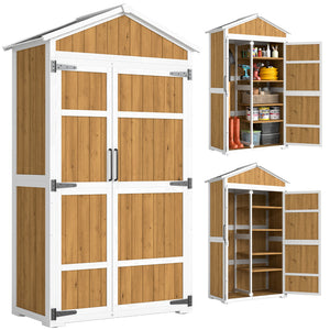 Armoire de Jardin en Bois - Abri de Jardin Extérieur Étanche avec Toit en Métal - Meuble de Rangement Terrasse à Double Porte pour Outils de Jardinage 105x55x179cm, Blanc et Naturel
