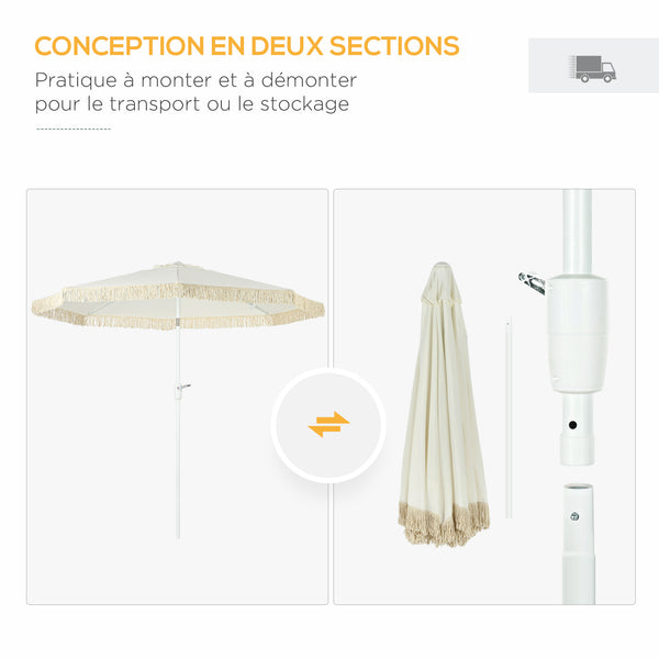Parasol de jardin parasol extérieur inclinable à franges avec manivelle 8 baleines dim. Ø 2,65 x 2,45 H m Blanc