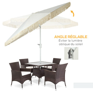 Parasol de jardin parasol extérieur inclinable à franges avec manivelle 8 baleines dim. Ø 2,65 x 2,45 H m Blanc