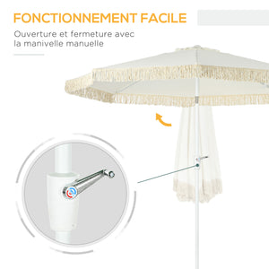 Parasol de jardin parasol extérieur inclinable à franges avec manivelle 8 baleines dim. Ø 2,65 x 2,45 H m Blanc