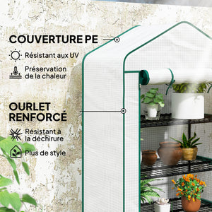 Serre de jardin PE avec étagères 4 niveaux, serre de balcon, bâche renforcée 135 g/m², châssis en acier, porte zippée enroulable, pour légumes plantes fleurs, 90 x 49 x 160 cm, blanc