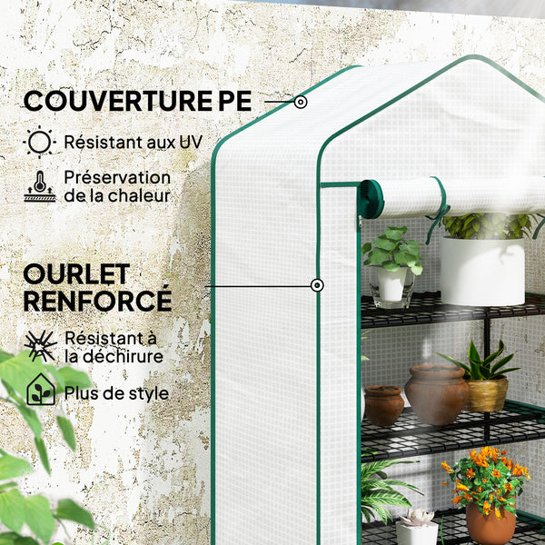 Serre de jardin PE avec étagères 4 niveaux, serre de balcon, bâche renforcée 135 g/m², châssis en acier, porte zippée enroulable, pour légumes plantes fleurs, 90 x 49 x 160 cm, blanc