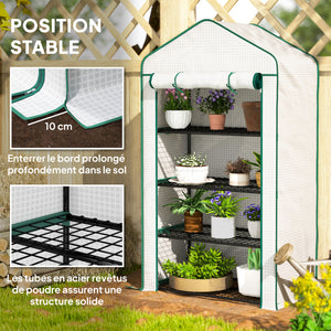 Serre de jardin PE avec étagères 4 niveaux, serre de balcon, bâche renforcée 135 g/m², châssis en acier, porte zippée enroulable, pour légumes plantes fleurs, 90 x 49 x 160 cm, blanc