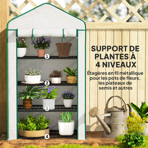 Serre de jardin PE avec étagères 4 niveaux, serre de balcon, bâche renforcée 135 g/m², châssis en acier, porte zippée enroulable, pour légumes plantes fleurs, 90 x 49 x 160 cm, blanc