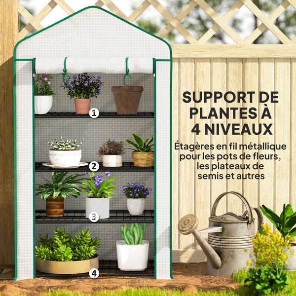 Serre de jardin PE avec étagères 4 niveaux, serre de balcon, bâche renforcée 135 g/m², châssis en acier, porte zippée enroulable, pour légumes plantes fleurs, 90 x 49 x 160 cm, blanc