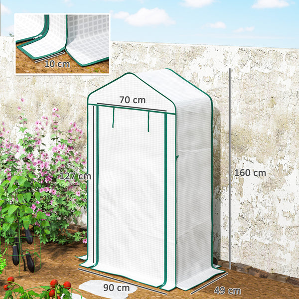 Serre de jardin PE avec étagères 4 niveaux, serre de balcon, bâche renforcée 135 g/m², châssis en acier, porte zippée enroulable, pour légumes plantes fleurs, 90 x 49 x 160 cm, blanc