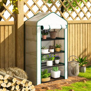 Serre de jardin PE avec étagères 4 niveaux, serre de balcon, bâche renforcée 135 g/m², châssis en acier, porte zippée enroulable, pour légumes plantes fleurs, 90 x 49 x 160 cm, blanc