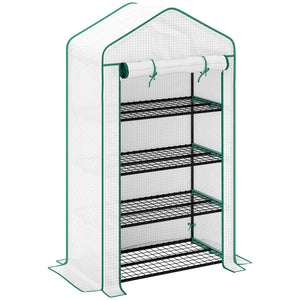 Serre de jardin PE avec étagères 4 niveaux, serre de balcon, bâche renforcée 135 g/m², châssis en acier, porte zippée enroulable, pour légumes plantes fleurs, 90 x 49 x 160 cm, blanc