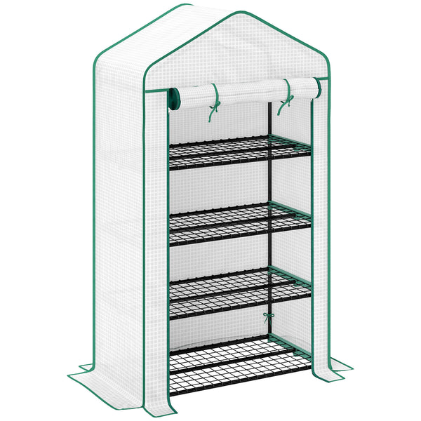 Serre de jardin PE avec étagères 4 niveaux, serre de balcon, bâche renforcée 135 g/m², châssis en acier, porte zippée enroulable, pour légumes plantes fleurs, 90 x 49 x 160 cm, blanc