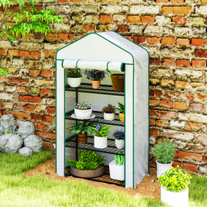 Serre de jardin PE avec étagères 4 niveaux, serre de balcon, bâche renforcée 135 g/m², châssis en acier, porte zippée enroulable, pour légumes plantes fleurs, 90 x 49 x 160 cm, blanc