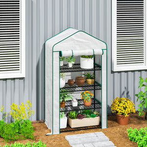 Serre de jardin PE avec étagères 4 niveaux, serre de balcon, bâche renforcée 135 g/m², châssis en acier, porte zippée enroulable, pour légumes plantes fleurs, 90 x 49 x 160 cm, blanc