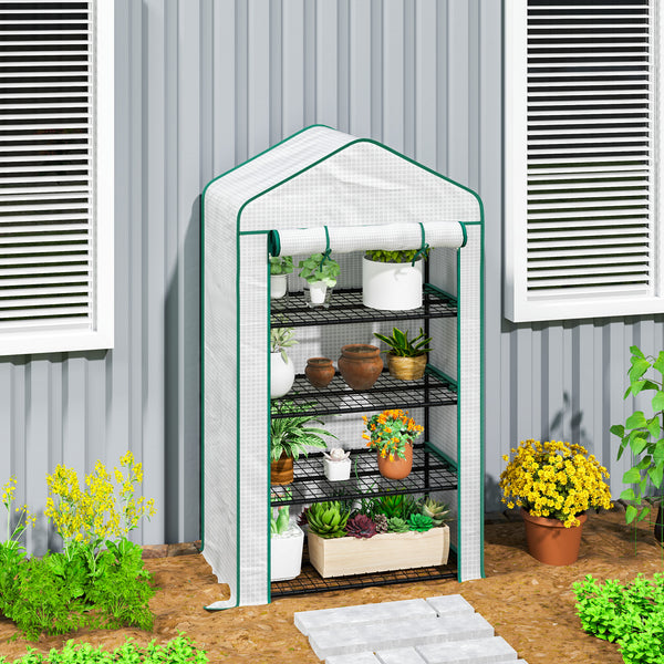 Serre de jardin PE avec étagères 4 niveaux, serre de balcon, bâche renforcée 135 g/m², châssis en acier, porte zippée enroulable, pour légumes plantes fleurs, 90 x 49 x 160 cm, blanc
