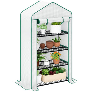 Serre de jardin PE avec étagères 4 niveaux, serre de balcon, bâche renforcée 135 g/m², châssis en acier, porte zippée enroulable, pour légumes plantes fleurs, 90 x 49 x 160 cm, blanc