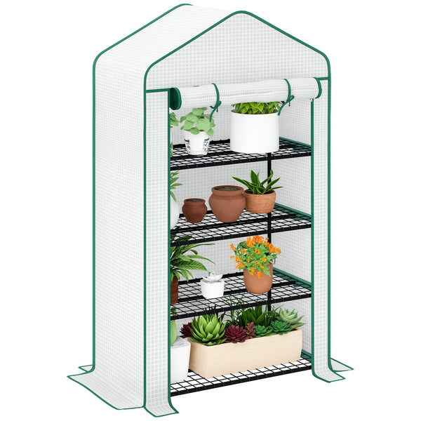 Serre de jardin PE avec étagères 4 niveaux, serre de balcon, bâche renforcée 135 g/m², châssis en acier, porte zippée enroulable, pour légumes plantes fleurs, 90 x 49 x 160 cm, blanc