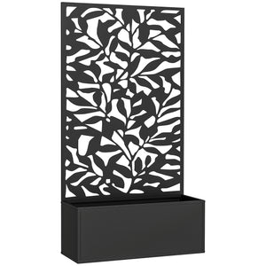 Jardinière avec treillis, brise-vue paravent, jardinière extérieure métal sur pieds ou murale, motifs de feuilles pleines, bac à fleurs rectangulaire balcon terrasse patio, 61x23x113 cm, noir
