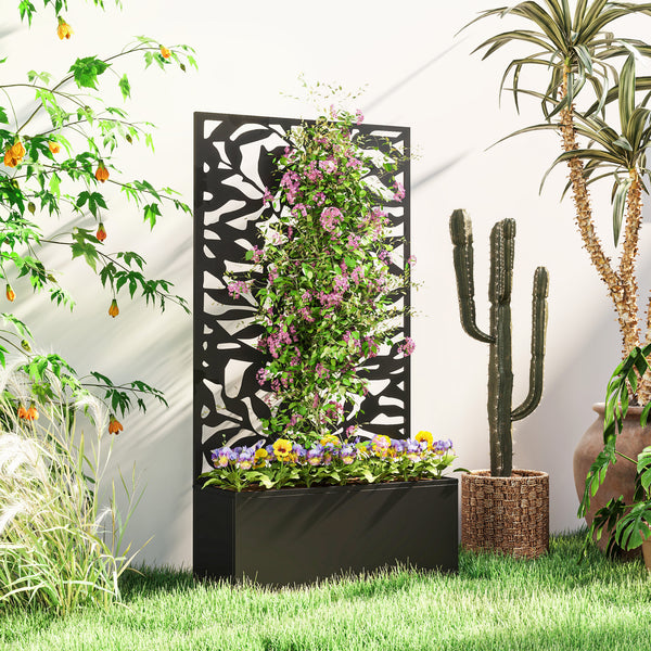 Jardinière avec treillis, brise-vue paravent, jardinière extérieure métal sur pieds ou murale, motifs de feuilles pleines, bac à fleurs rectangulaire balcon terrasse patio, 61x23x113 cm, noir