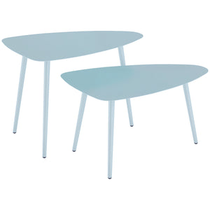 Lot de 2 tables basses de jardin, tables d'appoint gigognes triangulaires, cadre en acier, avec patins ajustables pour balcon, patio, jardin, bleu clair