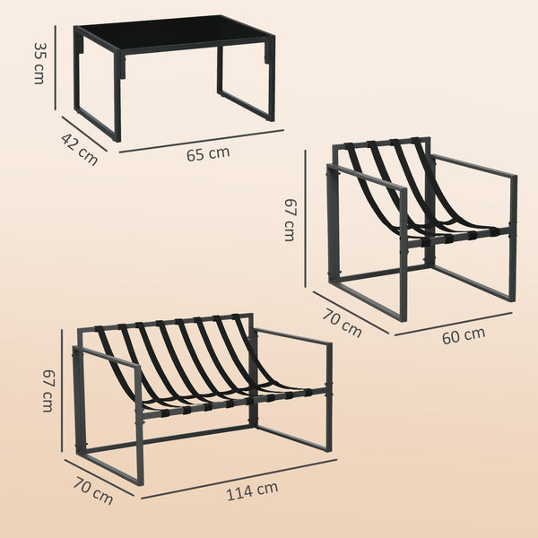 Salon de jardin extérieur 4 pièces avec coussins ultra-épais 15cm - ensemble mobilier de jardin et salon bas pour terrasse - canapé 2 places avec table basse et 2 fauteuils, cadre acier noir
