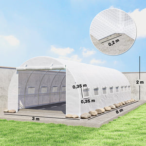 Serre de jardin tunnel 24m² 8L x 3l x 2H m - 16 fenêtres, Porte zippée Enroulable - châssis Tubulaire Acier galvanisé, bâche PE Haute densité Blanc