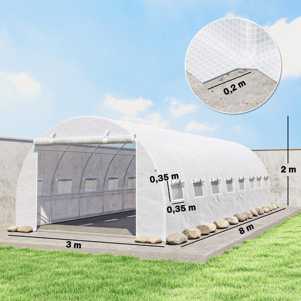 Serre de jardin tunnel 24m² 8L x 3l x 2H m - 16 fenêtres, Porte zippée Enroulable - châssis Tubulaire Acier galvanisé, bâche PE Haute densité Blanc