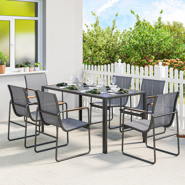 Ensemble de Salle à Manger d'Extérieur 7 Pièces pour 6 Personnes, Table en Verre et Chaises avec Accoudoirs Décoratifs, Mobilier de Jardin en Acier pour Terrasse, Gris