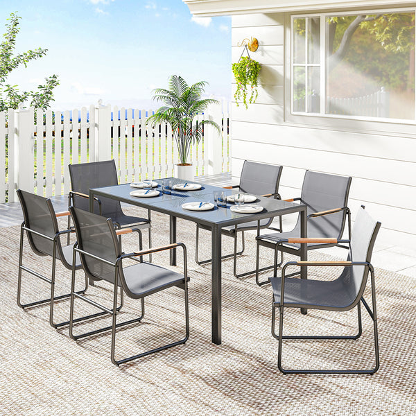Ensemble de Salle à Manger d'Extérieur 7 Pièces pour 6 Personnes, Table en Verre et Chaises avec Accoudoirs Décoratifs, Mobilier de Jardin en Acier pour Terrasse, Gris