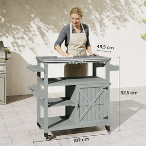 Desserte jardin chariot de barbecue sur roulettes îlot de cuisine en bois plateau en acier inoxydable placard étagères ouvertes porte-épices porte-serviettes décapsuleur 107x49,5x92,5cm gris