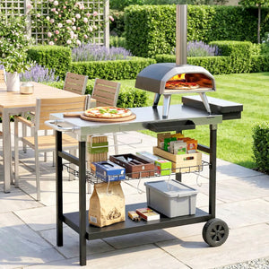 Desserte Jardin à 3 Niveaux avec Plan de Travail Inox, Panier Amovible, Étagères Ouvertes, Boîte à Épices, 2 Roues, 4 Crochets, Poignée Latérale, Chariot Barbecue pour Plancha, Noir