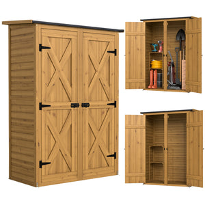 Abri de Rangement en Bois, Cabane de Jardin avec 2 Étagères, Double Portes et Loquets, Armoire à Outils avec Toit Incliné pour Terrasse, Jardin, Garage, Marron