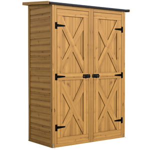 Abri de Rangement en Bois, Cabane de Jardin avec 2 Étagères, Double Portes et Loquets, Armoire à Outils avec Toit Incliné pour Terrasse, Jardin, Garage, Marron