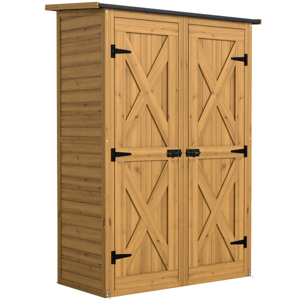 Abri de Rangement en Bois, Cabane de Jardin avec 2 Étagères, Double Portes et Loquets, Armoire à Outils avec Toit Incliné pour Terrasse, Jardin, Garage, Marron