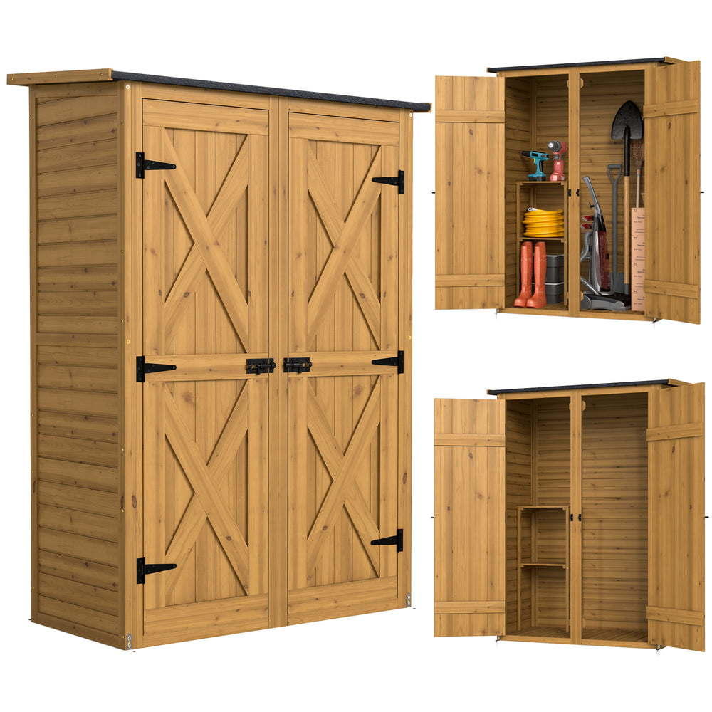 Abri de Rangement en Bois, Cabane de Jardin avec 2 Étagères, Double Portes et Loquets, Armoire à Outils avec Toit Incliné pour Terrasse, Jardin, Garage, Marron