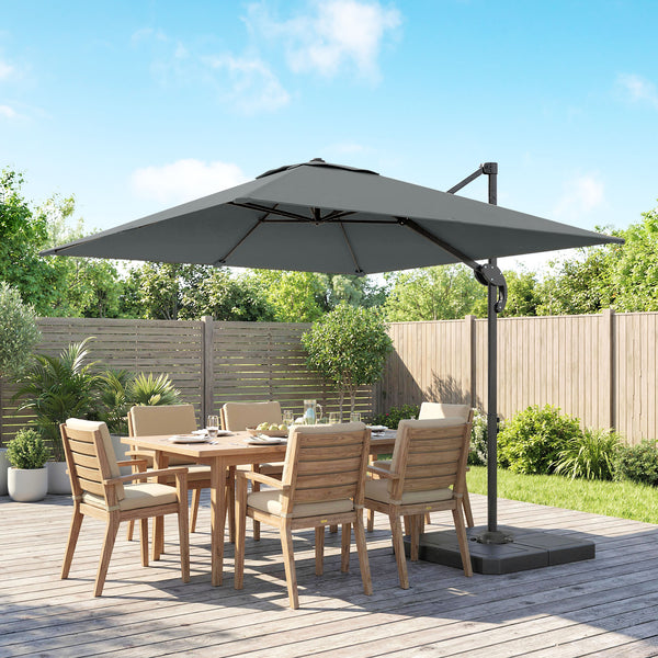 Parasol déporté carré 2,4x2,4m avec pied et dalles lestage - parasol de jardin extérieur, mât aluminium et rotatif 360° par pédale - UV50+ et inclinaison 5 positions pour terrasse, gris