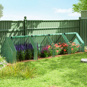 Mini Serre de Jardin mini serre tunnel 360L x 90l x 90H cm toit pointu Acier PE Haute densité 140 g/m² Anti-UV fenêtres avec Zip enroulables Vert