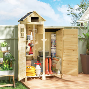 Armoire de Jardin en Bois avec Toit en Asphalte - Abri de Jardin Robuste à Double Zone et Étagères Amovibles - Rangement Outils Jardin avec Fenêtre pour Terrasse et Cour, Naturel
