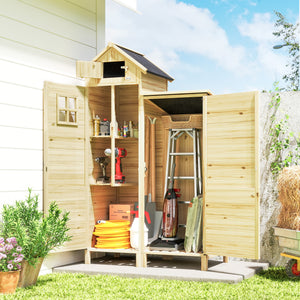 Armoire de Jardin en Bois avec Toit en Asphalte - Abri de Jardin Robuste à Double Zone et Étagères Amovibles - Rangement Outils Jardin avec Fenêtre pour Terrasse et Cour, Naturel