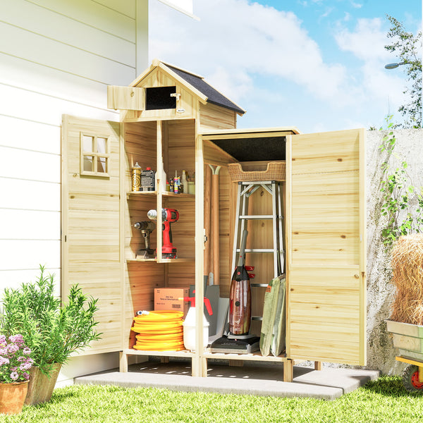 Armoire de Jardin en Bois avec Toit en Asphalte - Abri de Jardin Robuste à Double Zone et Étagères Amovibles - Rangement Outils Jardin avec Fenêtre pour Terrasse et Cour, Naturel