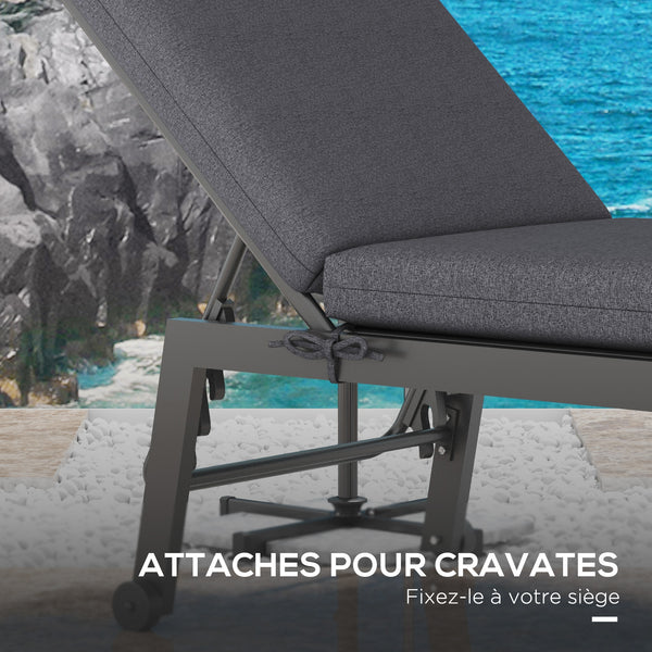 Lot de 2 Matelas pour Chaise Longue transat Bain de Soleil avec Sangles d'attache pour Jardin dim. 190,5L x 58,4l x 7H cm Gris
