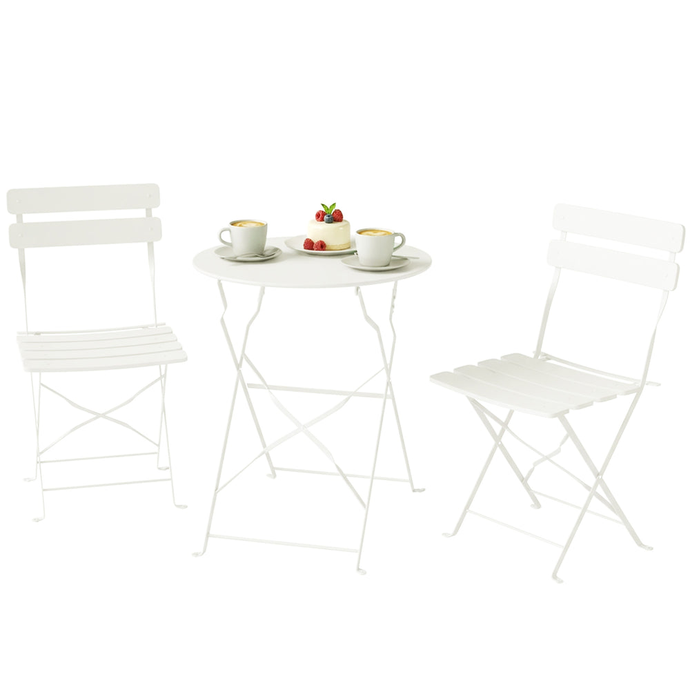 Ensemble bistro jardin 3 pièces pliable Table bistrot avec 2 chaises Assise à lattes Pieds en X doubles Résistant à la rouille Mobilier bistro pour balcon terrasse Jardin Blanc crème