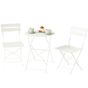 Ensemble bistro jardin 3 pièces pliable Table bistrot avec 2 chaises Assise à lattes Pieds en X doubles Résistant à la rouille Mobilier bistro pour balcon terrasse Jardin Blanc crème