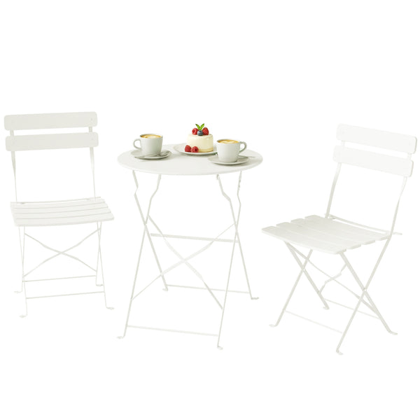 Ensemble bistro jardin 3 pièces pliable Table bistrot avec 2 chaises Assise à lattes Pieds en X doubles Résistant à la rouille Mobilier bistro pour balcon terrasse Jardin Blanc crème