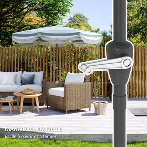 Parasol de jardin extérieur parasol inclinable rond Ø2,7 x 2,4 m parasol droit avec ouverture fermeture manivelle, franges, toile 180 g/m² protection UPF 30+, pour balcon, terrasse, bleu
