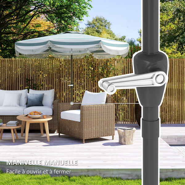 Parasol de jardin extérieur parasol inclinable rond Ø2,7 x 2,4 m parasol droit avec ouverture fermeture manivelle, franges, toile 180 g/m² protection UPF 30+, pour balcon, terrasse, bleu