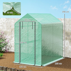 Serre de jardin PE avec étagère 2 niveaux, serre de balcon, bâche renforcée 140 g/m², châssis en acier, porte zippée enroulable, pour légumes plantes fleurs, 186 x 120 x 190 cm, vert
