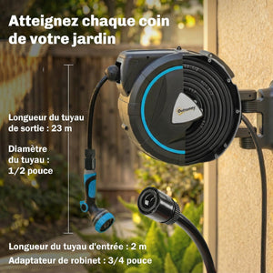 Enrouleur Tuyau Arrosage Mural Automatique 23+2m - Dévidoir Automatique Pistolet d'Arrosage 10+2 Modes - Solution d'Irrigation Rétractable et Flexible pour Jardin, Nettoyage Voiture, Bleu