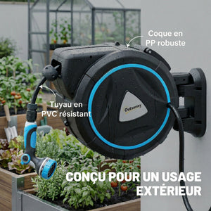 Enrouleur Tuyau Arrosage Mural Automatique 23+2m - Dévidoir Automatique Pistolet d'Arrosage 10+2 Modes - Solution d'Irrigation Rétractable et Flexible pour Jardin, Nettoyage Voiture, Bleu