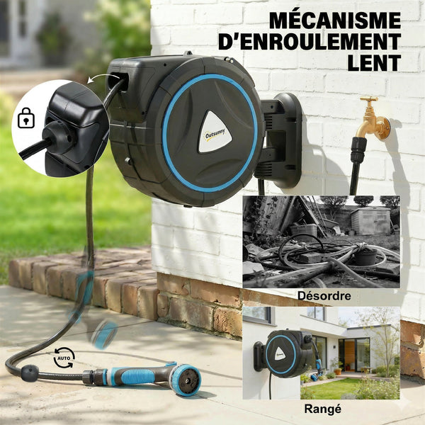 Enrouleur Tuyau Arrosage Mural Automatique 23+2m - Dévidoir Automatique Pistolet d'Arrosage 10+2 Modes - Solution d'Irrigation Rétractable et Flexible pour Jardin, Nettoyage Voiture, Bleu