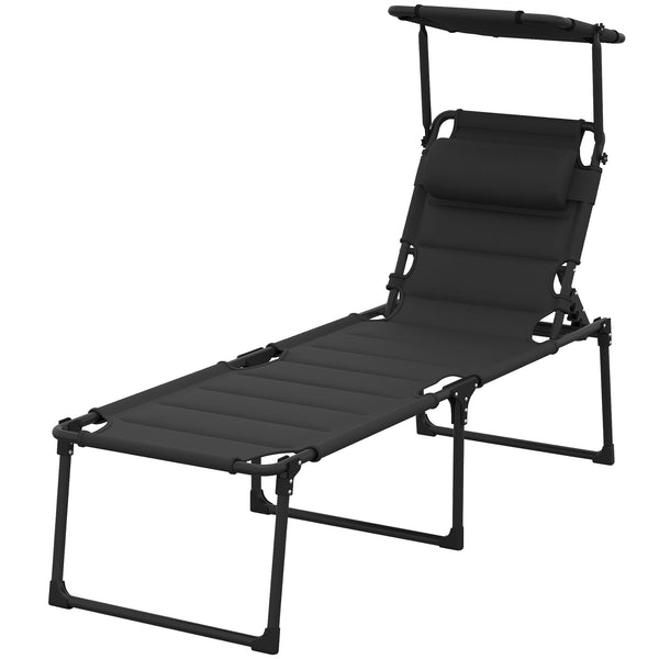 Bain de soleil, chaise longue pliante avec pare-soleil, appuie-tête en tissu Oxford, transat jardin extérieur inclinable de plage camping piscine terrasse 70 x 200 x 45 cm, noir